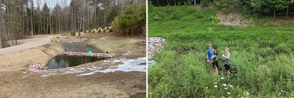 Subsurface gravel wetland ponds and landscaping in South Burlington, Vermont soon after installation and after plant growth Subsurface gravel wetland ponds and landscaping with three students standing in middle of new plant growth